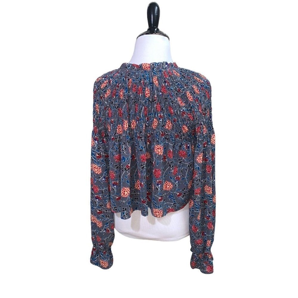 Ghospell Women's S Small Cropped Peasant Top w. Puff Sleeves Floral Smocked - Picture 7 of 9